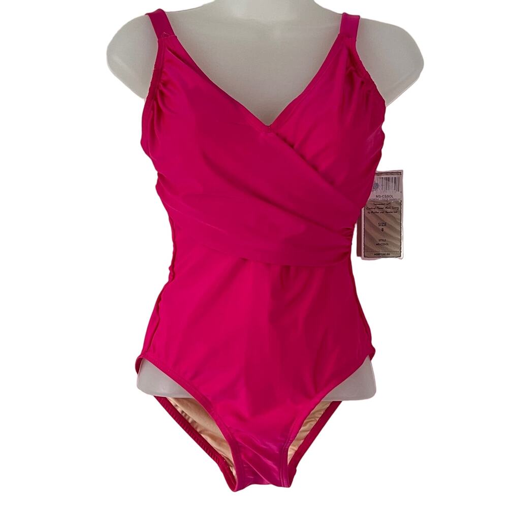 Caribbean Sands Swimsuit Womens 8 Hot Pink One Piece Built in Bra‎ Swimwear New